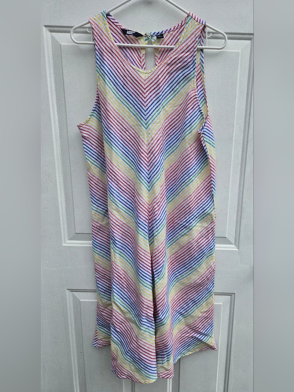 Pastel Chevron Stripe Linen Dress Size L Pockets Boho Festival Resortwear